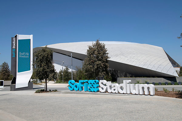 Sofi.Stadium.09 - General exterior view of SoFi Stadium, the future home of the Los Angeles Rams Saturday, Aug. 29, 2020, in Inglewood, Calif. (AP Photo/Kyusung Gong)